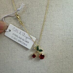 🍒 Cate‘d Argent CZ Sterling Silver Gold Tone Cherry Pendant Necklace 18”